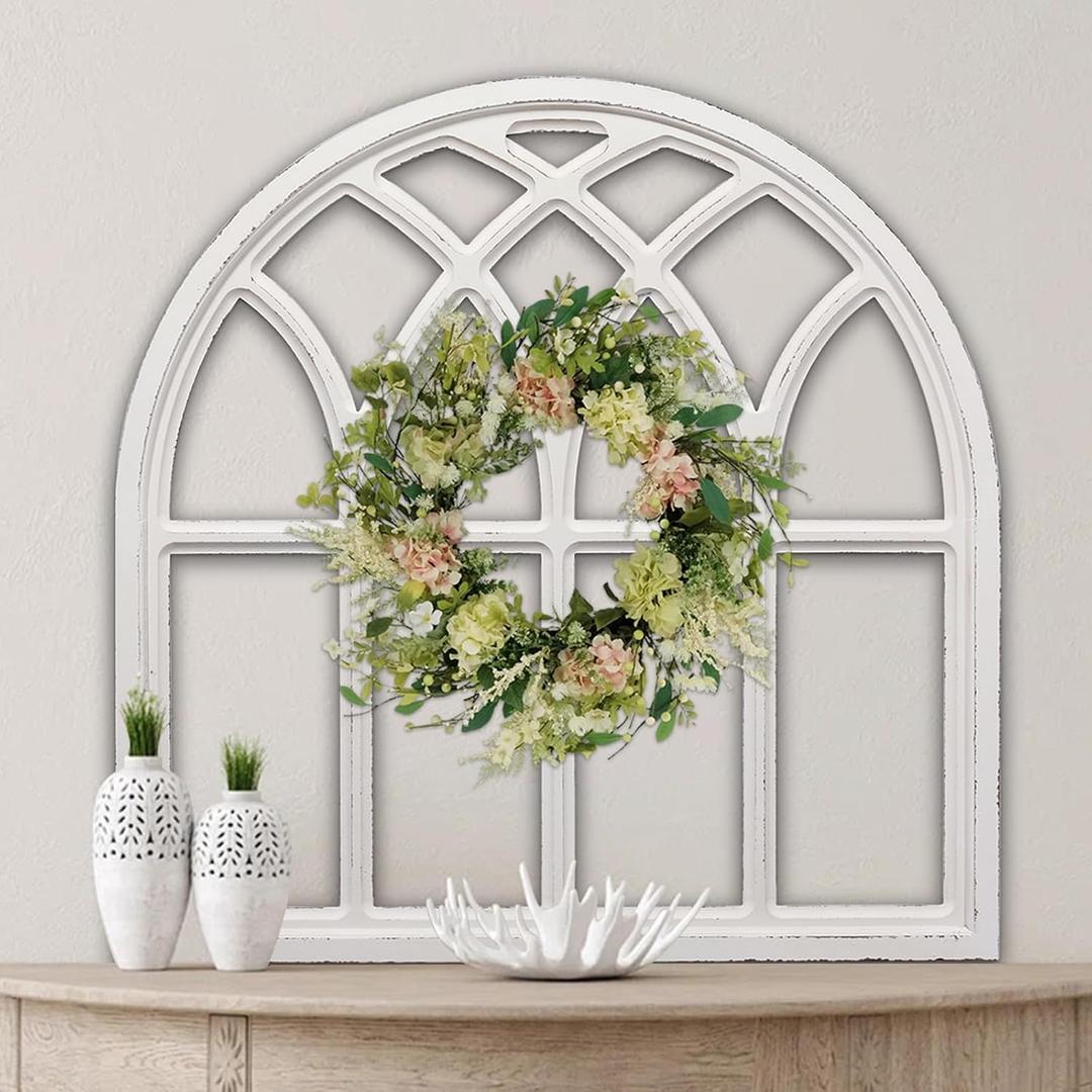 Sintosin Farmhouse Large White Arched Window Frame Wall Decor 32 Inch Tall, Hanging Distressed Finish Wooden Rustic Cathedral Window Pane Wall Decor Living Room Entryway Hallway Christmas Halloween, 31.9"L x 31.9"W