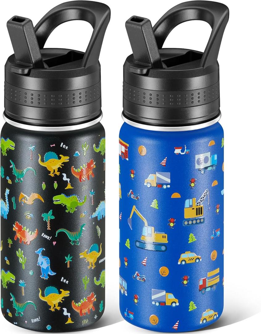 2 Pack Kids Water Bottle,14oz Stainless Steel Insulated Water Tumbler,School Water Mug,Suitable for Boys and Girls to Use(Black dinosaur + Blue car)