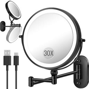 30X/1X Wall Mounted Lighted Makeup Mirror, 9'' Height Adjustable Double Sided 5000mAh Rechargeable Magnifying Bathroom Mirror with Light, 3 Color Modes Touch Dimmable Extended Arm 360 Rotation (Black)