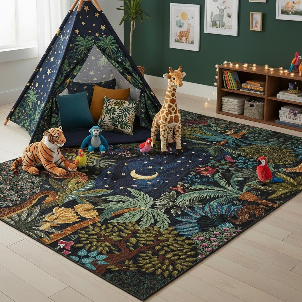GarveeHome 4x6 Washable Area Rug for Kids Room, Jungle Animal Soft Bedroom Rug Non Slip Low Pile Small Carpet Stain Resistant Throw Rug for Bedside Playroom Classroom Office Dining Room (Blue)