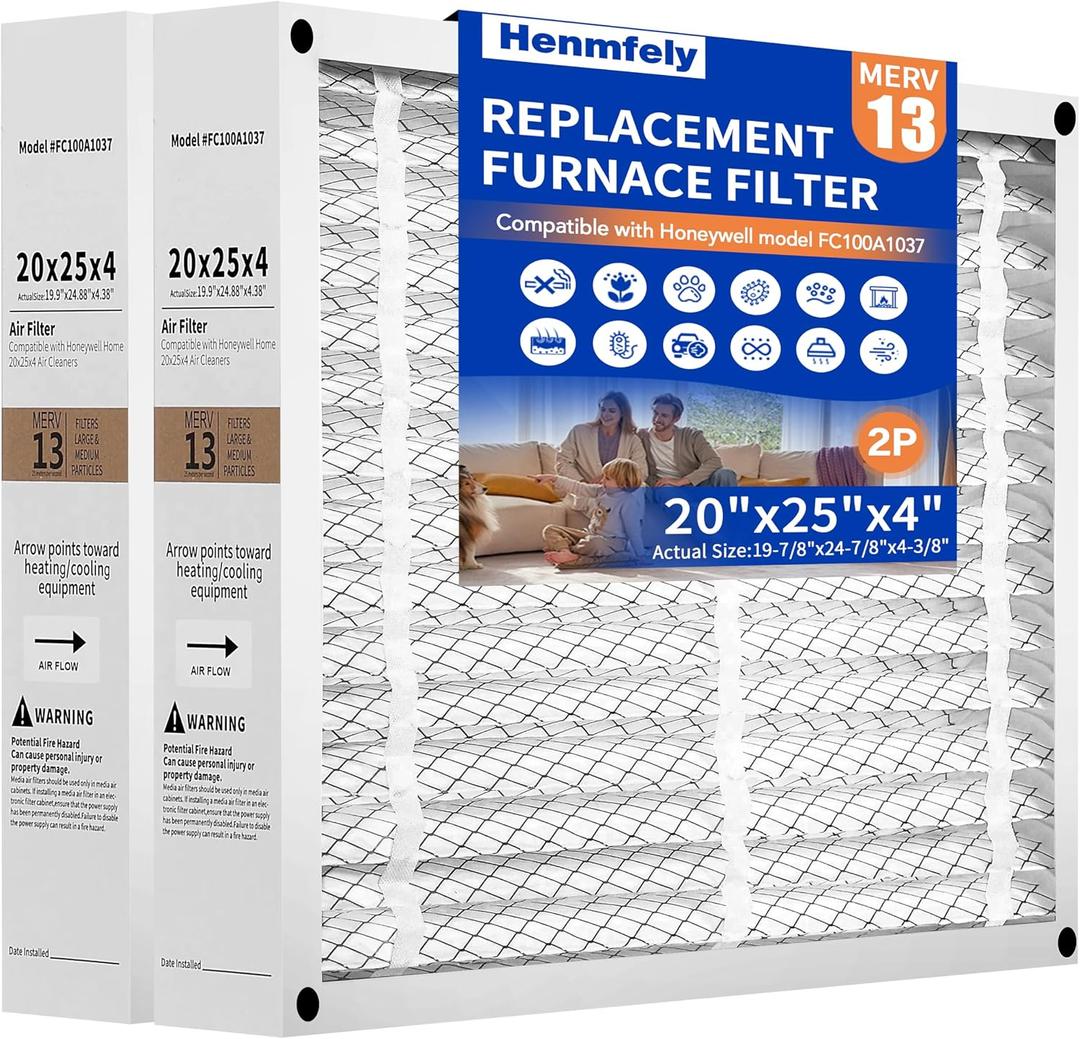2-Pack 20x25x4 Furnace Filter, FC100A1037 Replacement Filter, Compatible with Honeywell FC100A1037 Pleated HVAC(Actual Size: 19.94 x 24.88 x 4.38 Inches)