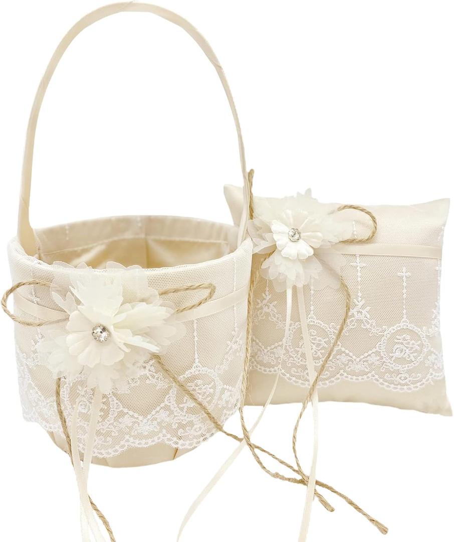 Rustic Flower Girl Basket and Ring Bearer Pillow Set, Champagne Satin Bow Ring Bearer Pillow and Wedding Lace Flower Girl Basket Set for Wedding Ceremony Party(champagne)