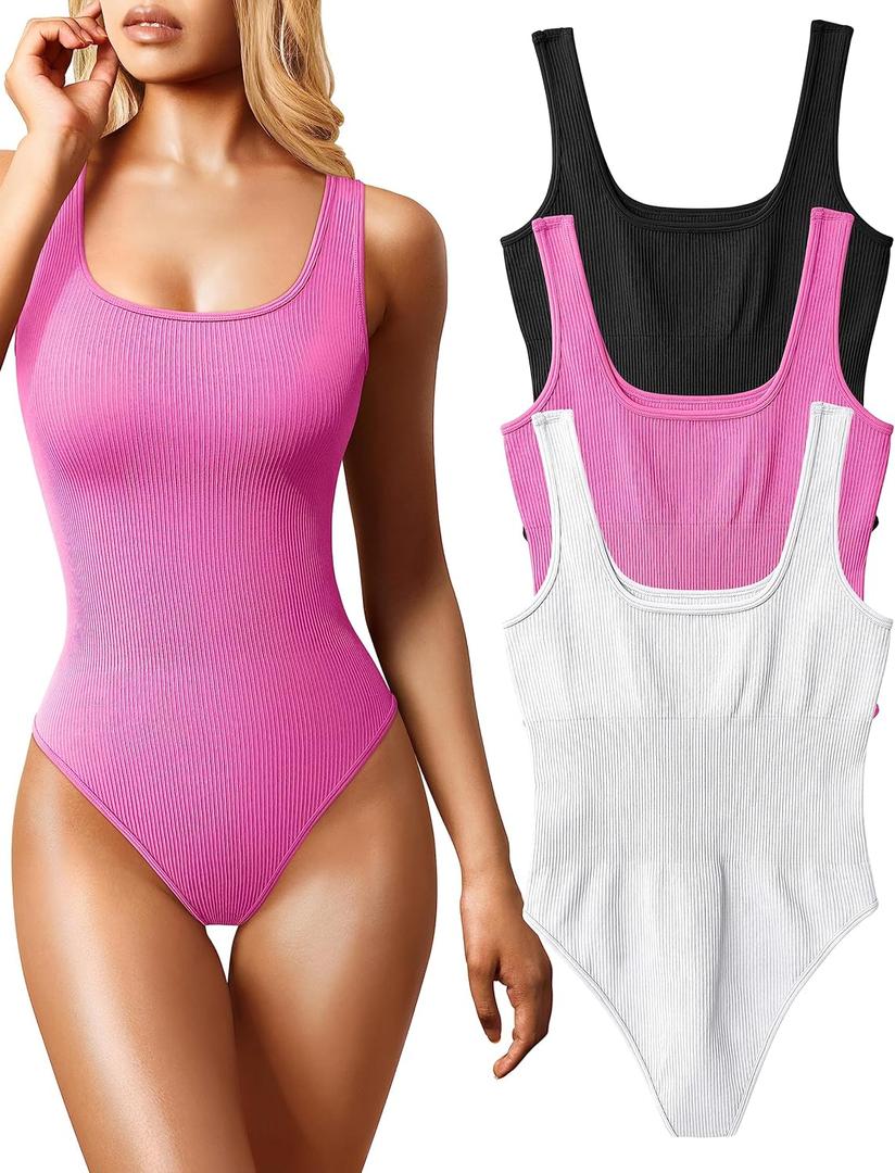 OQQ Women's 3 Piece Bodysuits Sexy Ribbed Sleeveless Square Neck Tank Tops Leotard 2025 Trendy Outfits, M
