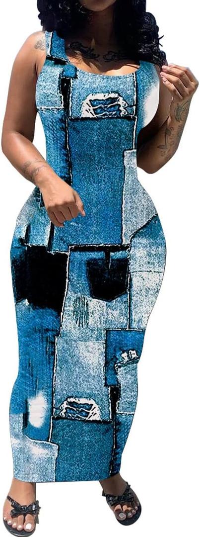 PINSV Women's Sexy Bodycon Tank Dress Basic Sleeveless Long Maxi Dresses Party Club Beach Sundresses, M Denim Print