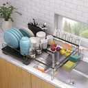 Vathingood Extendable Dish Drying Rack, Drying Rack with Automatic Drainboard, Dish Drainers for Kitchen Counter, Anti-Rust Dish Drainers with Cup Holders & Utensil, Black