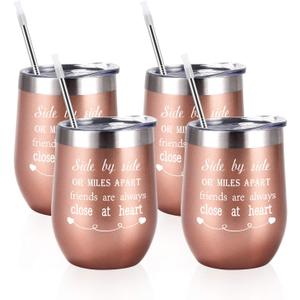 Friends Wine Tumbler Set of 4, Side By Side or Miles Apart Friends Are Always Close at Heart Wine Tumbler for Long Distance Friendship, 12 Oz Stainless Steel Insulated Wine Tumbler with Lid and Straw (1-Rose Gold 4 Pack)