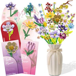 Valentine's Day Gifts Party Favor 24Pcs Gifts Flowers Bouquet Botanical Building Block Sets Home Plant Decor Birthday Gifts for Adults Women Boys Girls 8-12+