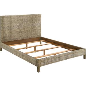 Benjara Ayla Queen Size Bed, Rattan Woven Design, Panel Headboard, Gray Mahogany