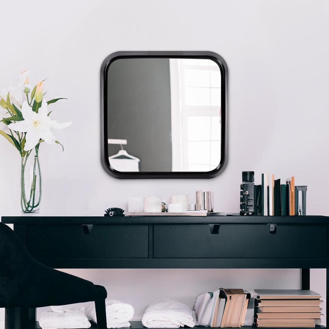 Howard Elliott Templeton Square Wall Hanging Mirror, Black Frame Rounded Corner Wall Mirror, Modern Accent Contemporary Vanity Mirror for Living Room, Bathroom, Entryway & Bedroom, 16.5 x 16.5 Inch