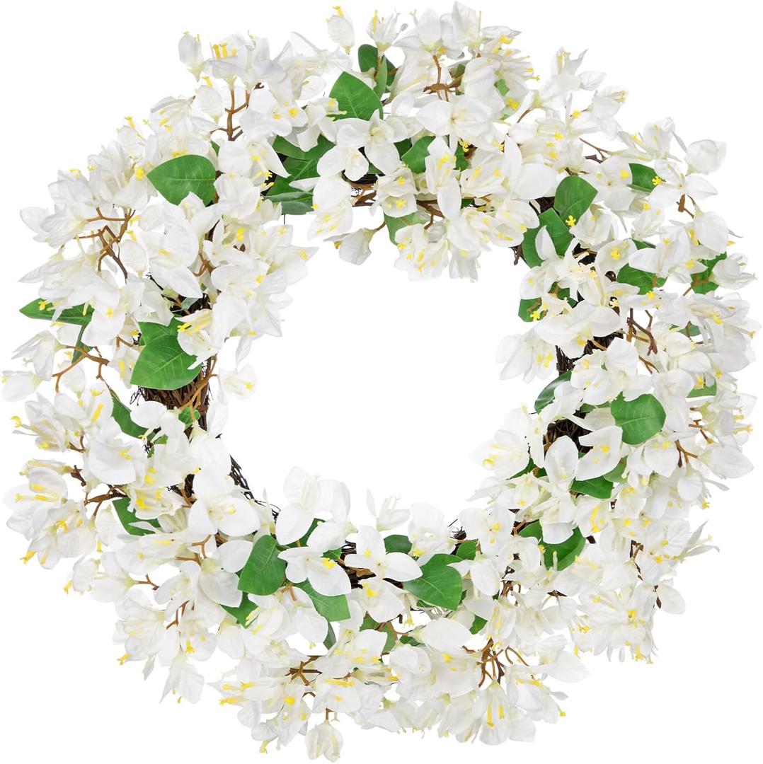 Briful Spring Wreaths for Front Door 18'' Fake Bougainvillea Flower Wreath Silk White Floral Hanging Wreath Outdoor Summer Wreath for Home Wall Fireplace Front Porch Patio Décor