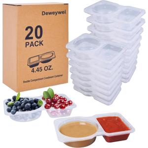 20sets Double Compartment Condiment Containers with Lids, snack box containers, Portion Cups Plastic perfect for to-go Sauce, Sampling, Dressing, Travel Snack