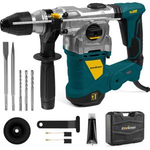 Enventor 1-1/4 Inch SDS-Plus 13A Heavy Duty Rotary Hammer Drill for Concrete Stone, Safety Clutch Electric Demolition Hammer Drill with 4 Functions, Vibration Control, Chisels, Drill Bits, Blue