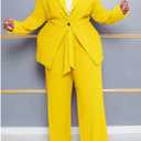IyMoo Plus Size Suits for Women Business Open Front Long Sleeve Blazer Elastic Waist Solid Straight Leg Pant Set Suits (Yellow)
