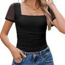 Avidlove Women's Square Neck Sheer Mesh Short Sleeve Bodysuit Ruched Going Out Sexy Thong Bodysuits Tops (Black), Small