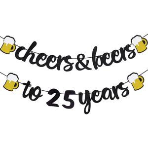 25th Birthday Decorations Cheers and Beers to 25 Years Banner Black Glitter Happy Birthday Wedding Anniversary Party Supplies