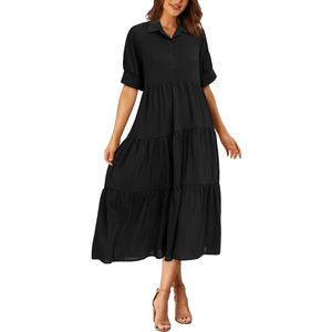 PRETTYGARDEN Women's Summer Beach Maxi Dress Short Sleeve Buttons Tiered Ruffle A Line Swing Dresses, S