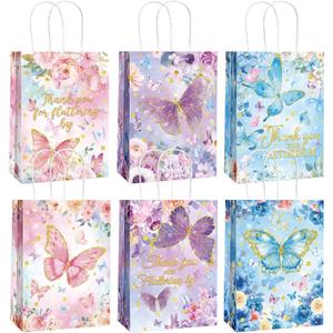 Outus 24 Pcs Butterfly Party Gift Bags Pink Purple Blue - Fluttering by Gift Bags with Handle for Butterflies Birthday Party Baby Shower Decoration