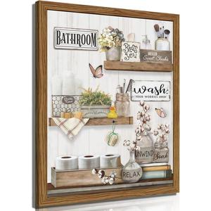 Framed Farmhouse Bathroom Wall Art, Rustic Cotton Relax Soak Unwind Pictures Wall Decor Paintings, Vintage Flower Canvas Posters Prints Artwork for Bathroom Home Decor 16x24 Inch