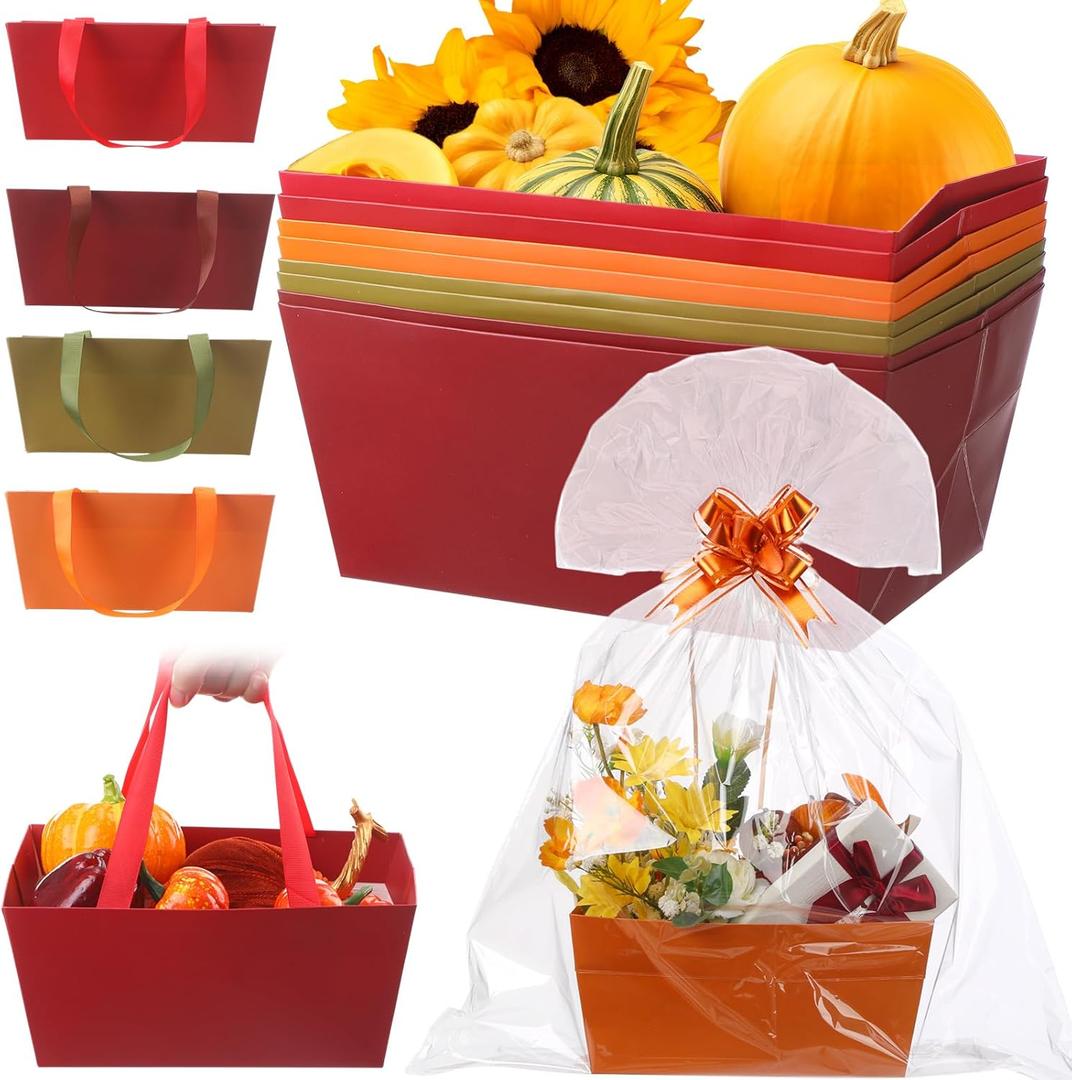12 Pcs Thanksgiving Basket for Gifts Empty with Cellophane Bag & Ribbon Bow Fall Novel Orange Brown Green Gift Wrapping Basket for Autumn Birthday Wedding Party Favor Supplies 9.8 x 6.5''
