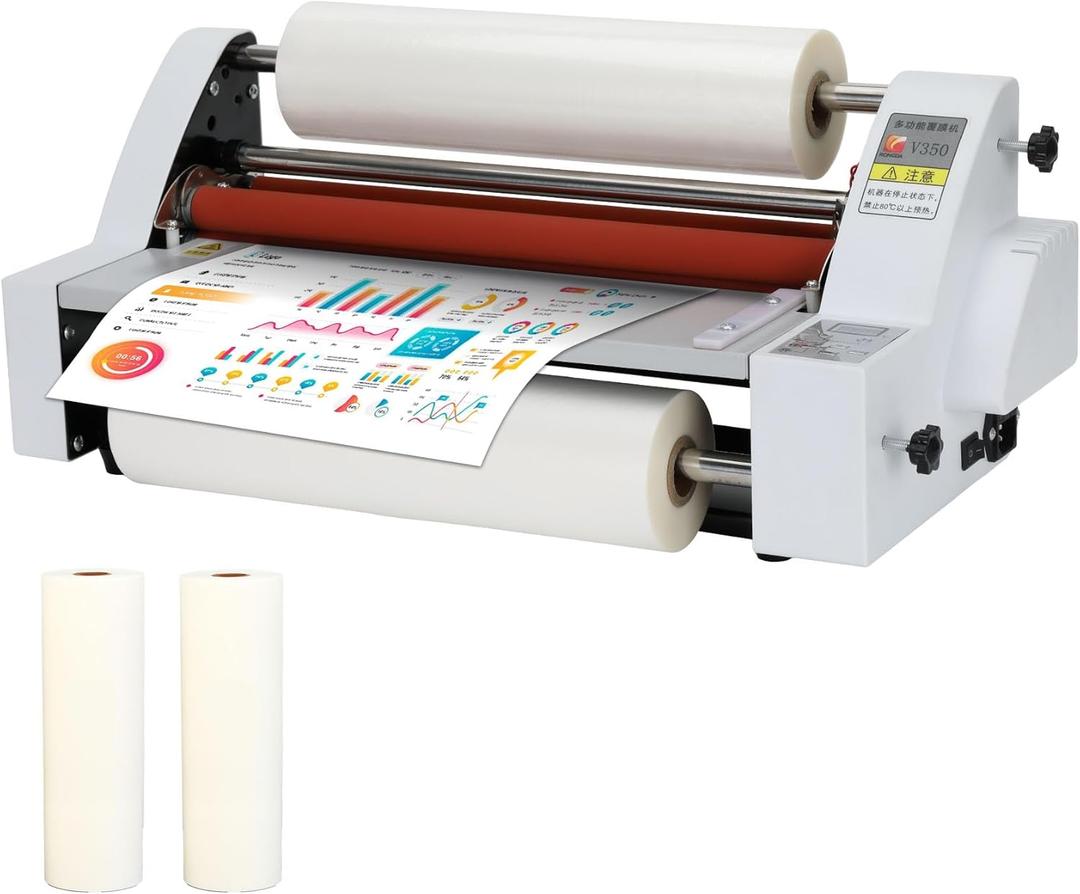 350mm Laminator Machine with Two Rolls of Laminating Film, V350 Hot Cold Roll Laminator, Single/Double Sided Thermal for Paper Card Wood Veneer PVC Foil, Digital Display, Safety Protection