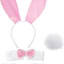 SATINIOR Bunny Costume Set Rabbit Ear Headband Collar Bow Tie Costume Cuffs Rabbit Tail for Halloween Party (Pink and White)