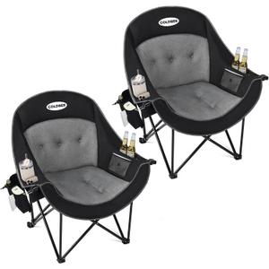 Coldbee 2PCS Oversized Camping Chairs for Adults - Heavy Duty Padded Folding Lawn Chairs with Cup Holders & Cooler Bag, Comfy Outdoor Chair for Picnic, Beach, Fishing (Black), Twin Pack