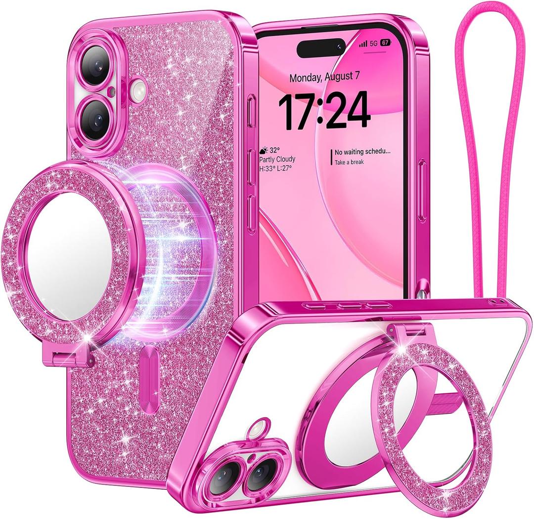 Meifigno Magnetic Case with Removable Phone Ring Stand for iPhone 16 Plus, [Glitter Card & Wrist Strap] [MagSafe Compatible] [Built in Mirror] Magnetic Phone Ring Holder + 16 Plus Case Kit, Hot Pink