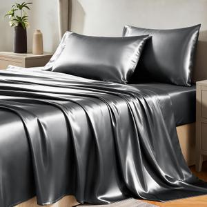 CozyLux Satin Sheets King Size Sheet Set - 4 Piece Silky King Sheets, Luxury Dark Grey King Bed Set with Smooth and Soft Microfiber, Includes 1 Fitted Sheet, 1 Flat Sheet and 2 Pillowcases