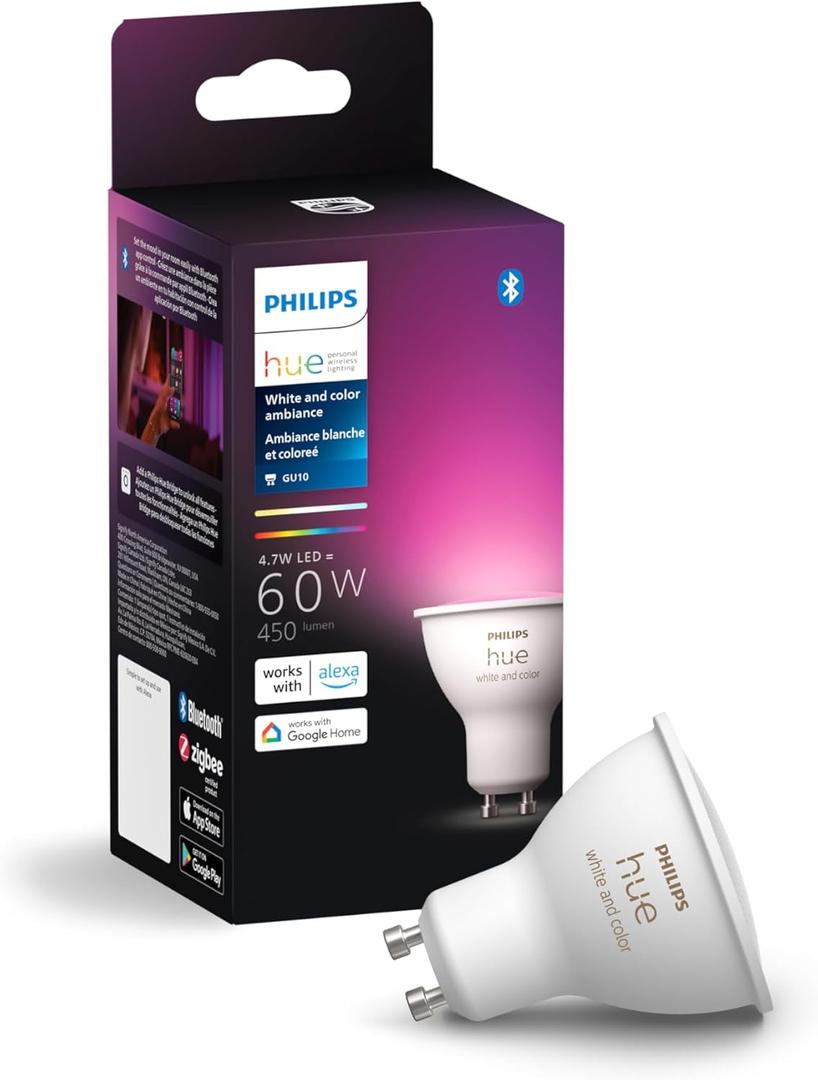Philips Hue Smart 50W GU10 LED Bulb - White and Color Ambiance Color-Changing Light - 1 Pack - 400LM - Indoor - Control with Hue App - Compatible with Alexa, Google Assistant and Apple Homekit