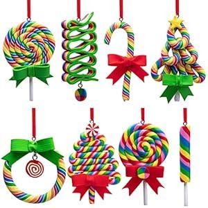8 PCS Christmas Lollipop Ornaments- Rainbow Lollipop Hanging Ornaments- Christmas Candies Polymer Clay Ornament for Xmas Tree Party Decoration