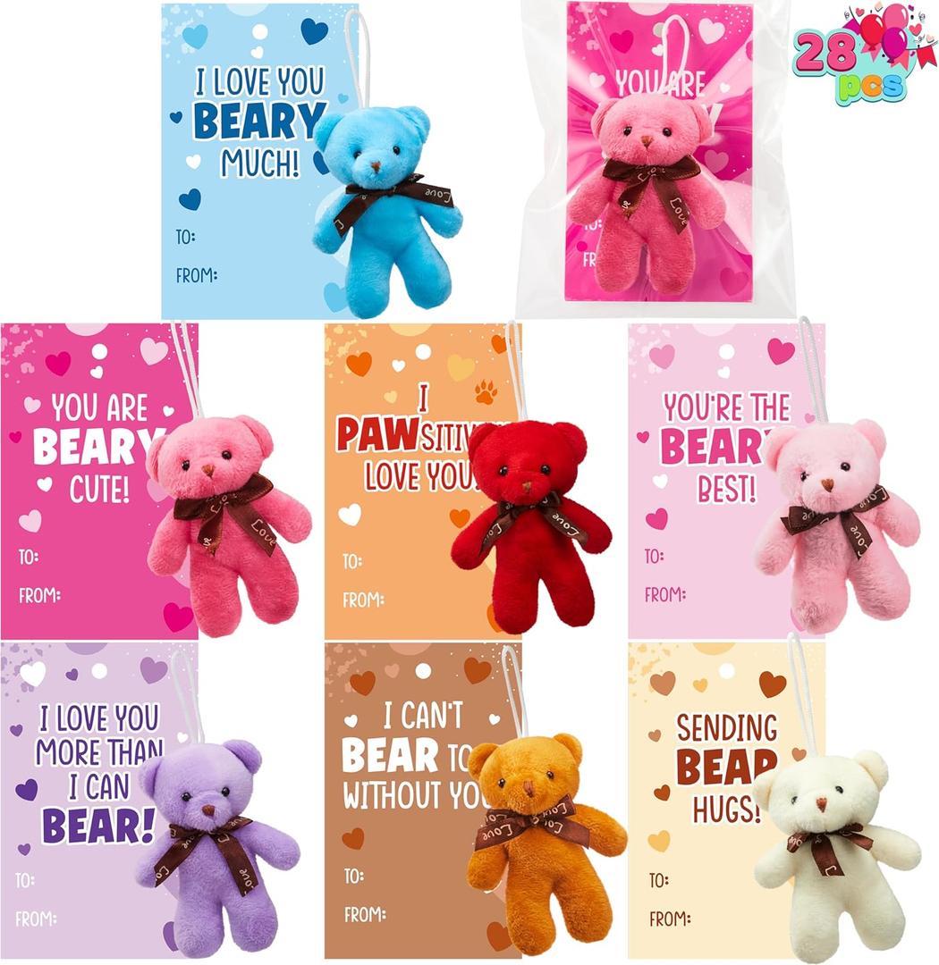 JOYIN 28 Packs Valentine's Day Gift Cards with Mini Bears Plush Toy Party Favors, Mini Stuffed Plush Toys for Valentine's Day Gifts, Kids Classroom School Exchange Prize