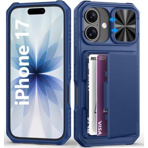 for iPhone 17 Case Wallet with Card Holder (4-5 Cards), Slide Camera Cover, Military Grade Drop Shockproof, Heavy Duty Rugged Women Men Protective Phone Case for iPhone 17 6.3" 2025, Blue