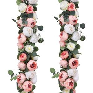 Floweroyal 2 Pack Artificial Flower Garlands 11.2FT Eucalyptus Garlands with Flowers 8 Head Peony Flower Vine Faux Floral Garland for Wedding Arch Table Wall Backdrop Wreath Decoration. (Pink & White)