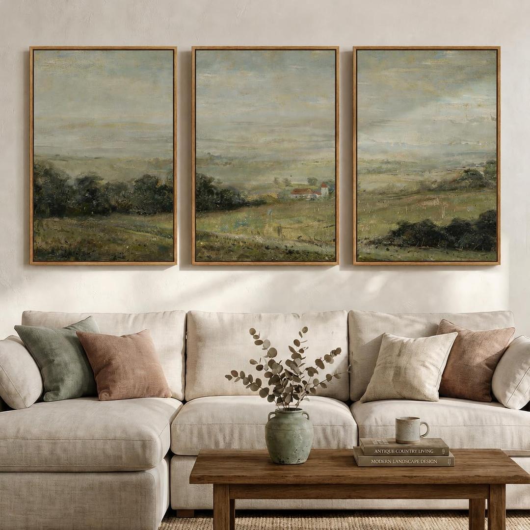Large Framed Vintage Landscape Wall Art for Living Room, 3 Piece Retro Farmhouse Canvas Prints Artwork for Walls, French Country Paintings Pictures for Dining Room Hallway Wall Art Decor, 24x36 Inch, 24" W x 36" H x 3Pcs