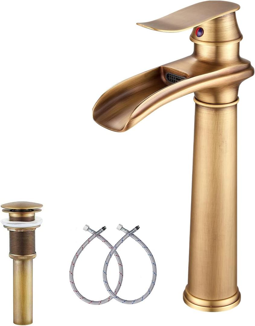 Antique Brass Bathroom Faucet GGStudy Single Handle One Hole Farmhouse Waterfall Bathroom Vessel Sink Faucet Matching with Pop Up Drain