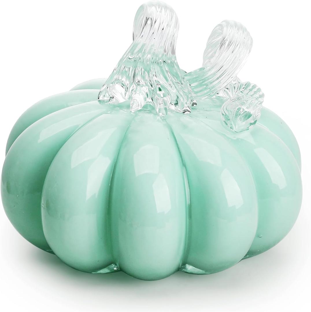 QFkris 4inch Hand Blown Glass Pumpkin Figurine Collectibles Art Glass Halloween Pumpkin Decor Table Accent for Fall Harvest Decorating, Turquoise