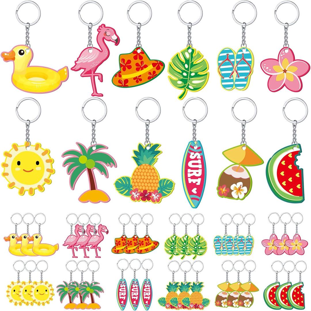 Janmercy 36 Pieces Hawaiian Luau Party Favors Summer Flamingo Pineapple Beach Keychain Tropical Hawaiian Key Ring for Kids Summer Theme Luau Key Ring Party Favor Supplies, 12 Styles (Lovely)