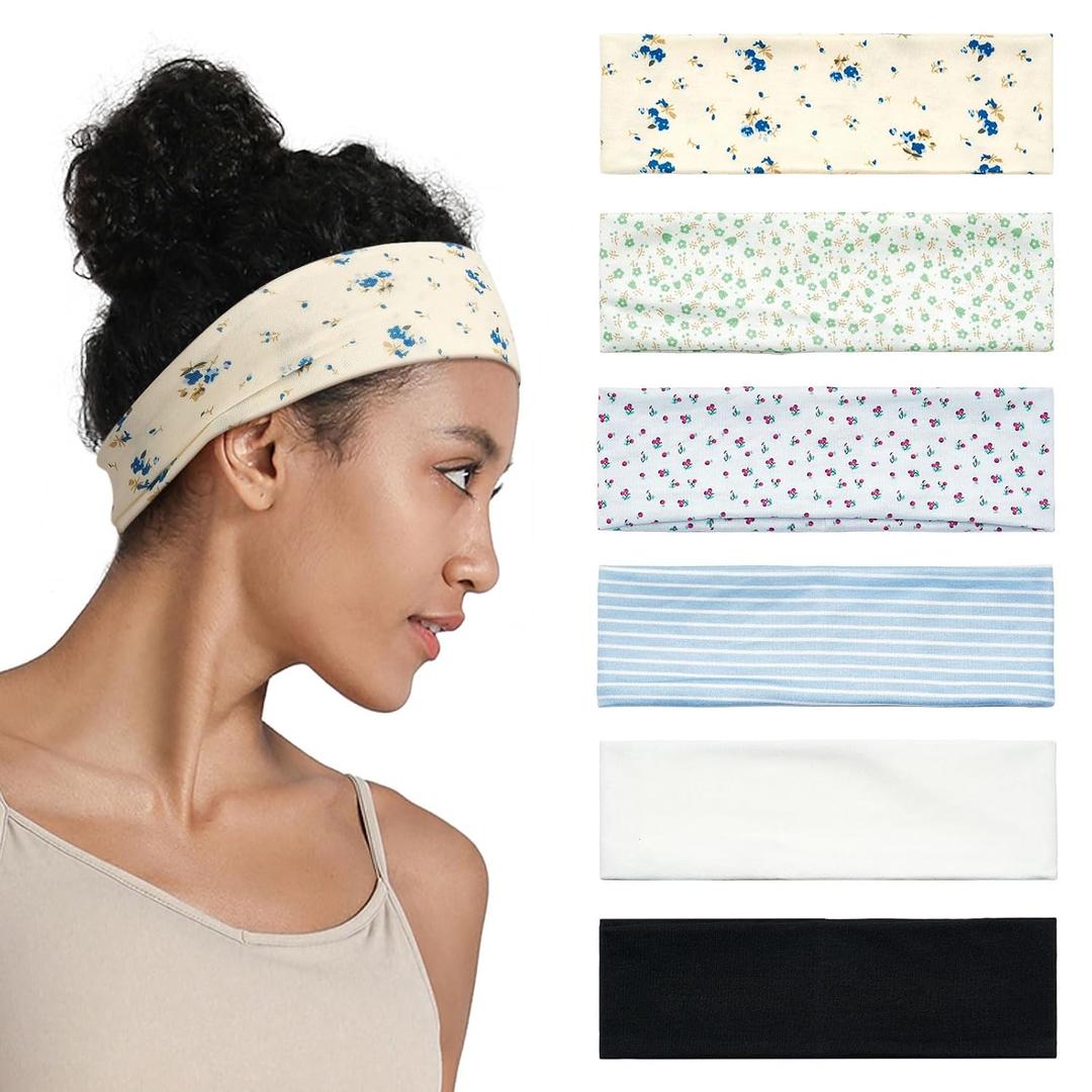QIUTIMIY Headbands for Women Non Slip - 6 Pack Soft Stretchy Cotton Hair Bands for Womens Hair Fashion Sports Headbands for Yoga, Workout, Running, Gym, Daily WearStyle 2