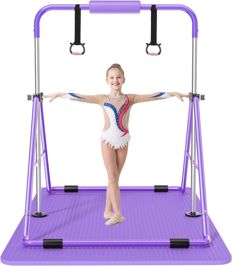 Safly Fun Foldable Gymnastics Bar for Kids, Adjustable 35"-51", Sturdy 145 lbs Capacity, Easy-to-Assemble, Gymnastics Equipment for Kids for Indoor/Outdoor Training (Purple with Mat)