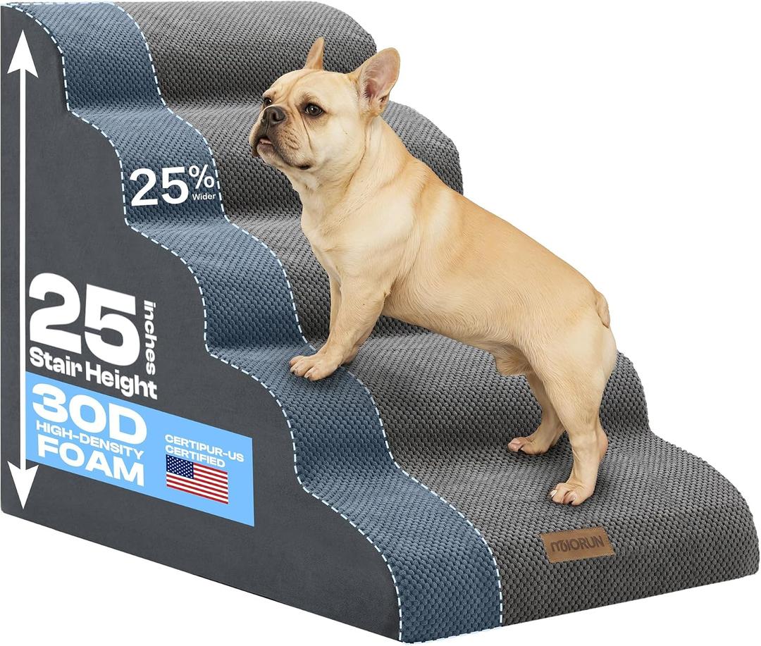 Extra Wide Dog Stairs for Large Dogs Up to 80lbs, 25" Pet Steps for High Bed with Washable Cover, 5-Step Foam Bed & Couch Ladder for Small Medium Dogs & Senior Cat, Gray