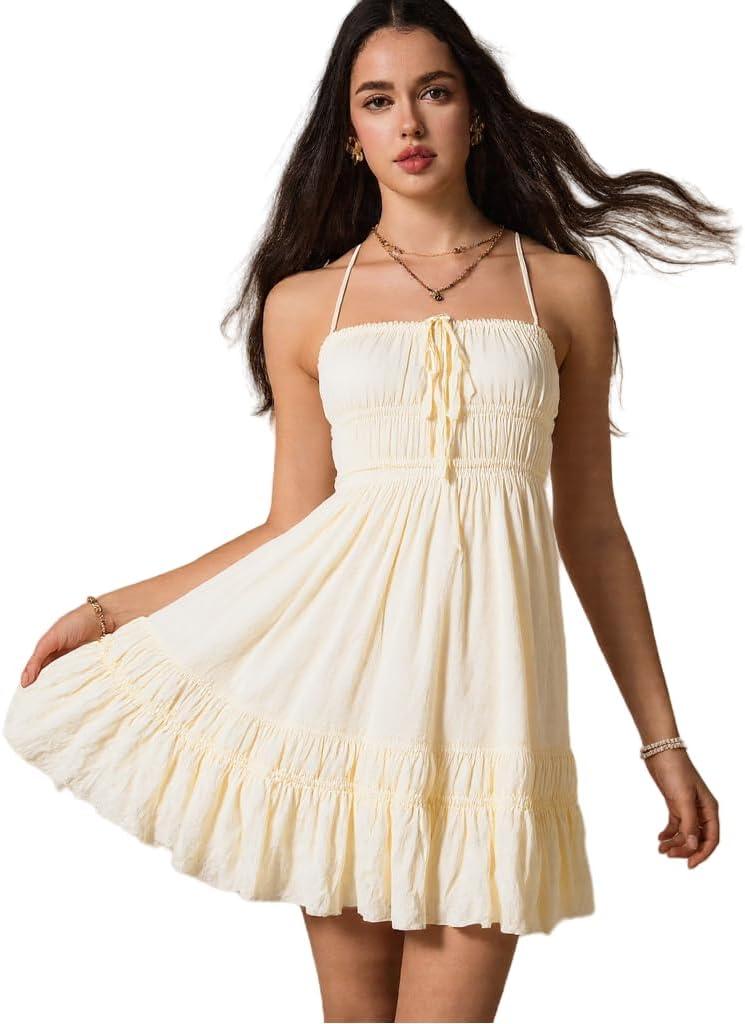 ForeMode Summer Deep V Neck Bohemian Women Mini Short Dress Backless Beach Boho Dress (Yellow, XL)