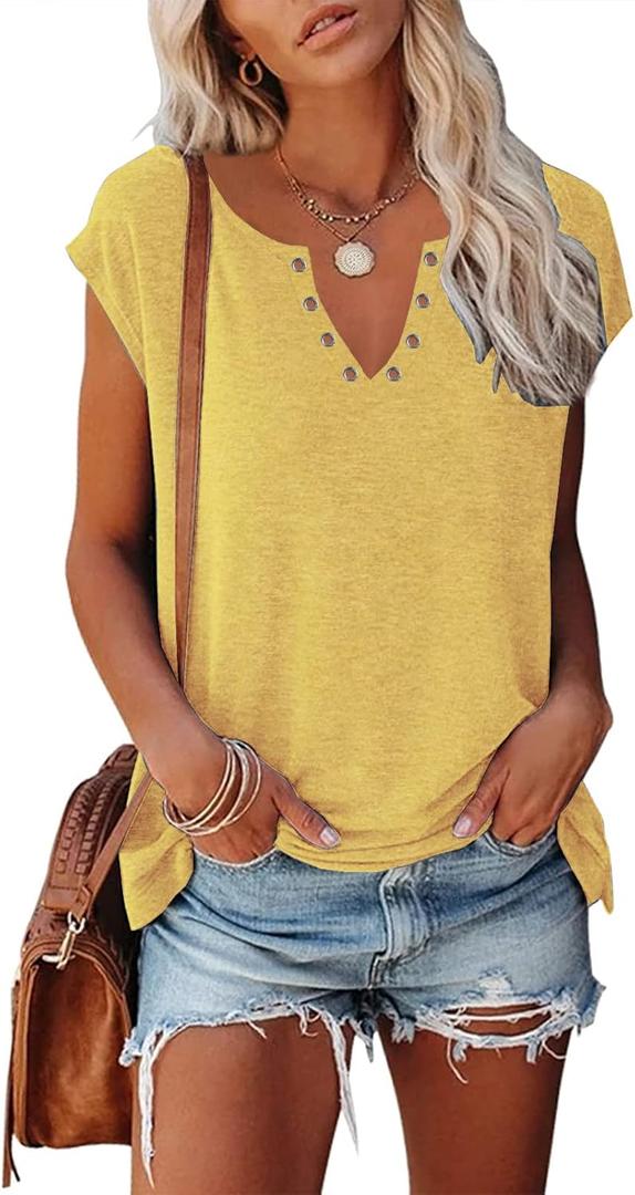 ETCYY NEW Womens Cap Sleeve Tank Tops Casual T-Shirt Loose Fit Basic Shirts A-Yellow (Yellow, S)