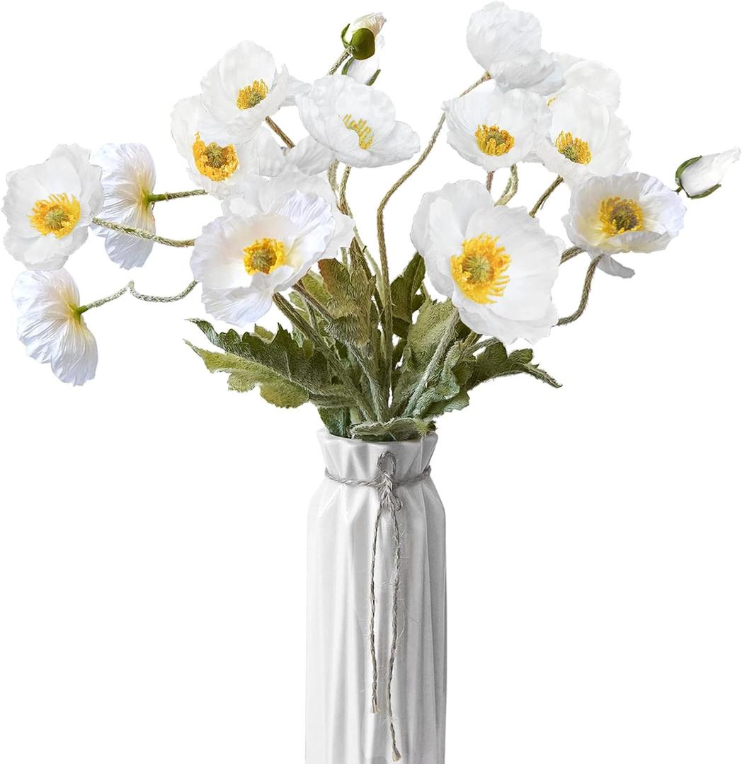 Artificial Flowers 5Pcs Poppies Flowers Artificial Silk Flowers for Home Office Wedding Outdoor Decor (White)