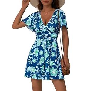 ZABERRY Romper Dress Sexy Summer Outfits Petite Jumpsuits Blue Resort Wear Short Rompers for Women Floral Vacation Coverups, S