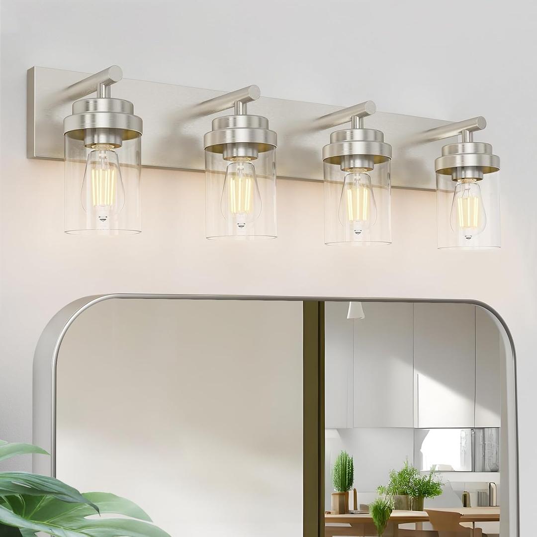 IZORRO Bathroom Vanity Light Fixture, 4-Light 30 Inch Brushed Nickel Bathroom Light Fixtures Over Mirror, with Clear Glass Shade, Modern Farmhouse Vanity Lights, Rustic Restroom Lighting Fixtures