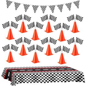 Racing Cars Birthday Decorations - Racecar Centerpiece Decoration Kit for Kids - (12) Orange Traffic Cones, (24) Checkered Flags, Plastic Tablecloth (54"x108") Birthday Banner Race Car Theme (38pcs)