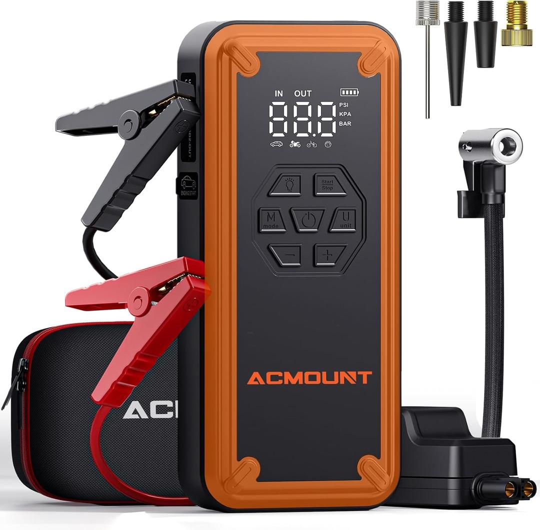 Jump Starter with Air Compressor, Acmount 5000A Car Battery Jump Starter with 150PSI Tire Inflator for Up to 9.0 Gas/8.0L Diesel, 12V Portable Jump Starter Box with LCD Display, Light (Orange&Black)