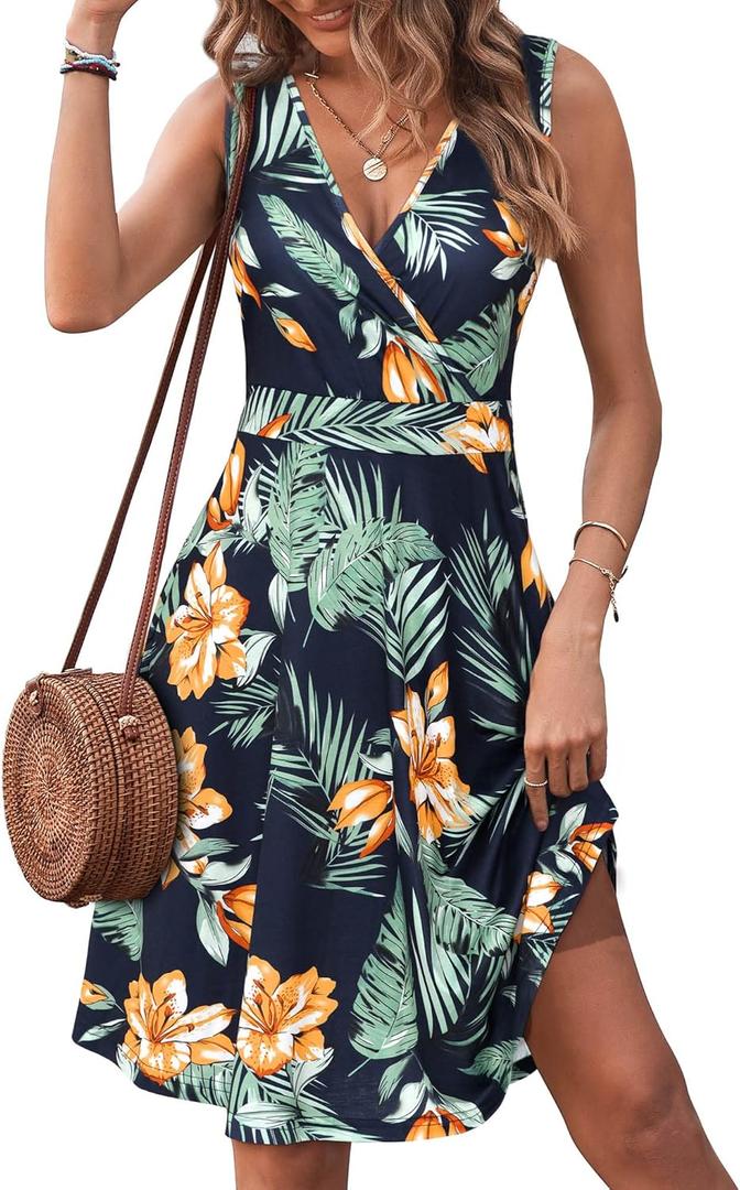 GUBERRY Womens Wrap V Neck Sleeveless Sundress Summer Flare Tank Dress with Pockets  (Medium, Floral-33)