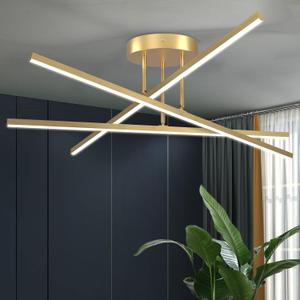 Gold LED Chandelier, 3-Lights Modern Semi Flush Mount Ceiling Lighting Fixture for Kitchen Dining Room Foyer Entry Bedroom, 23.82 18W