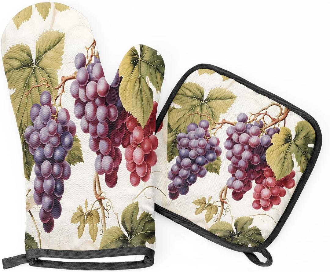 TULIMET Vintage Grapes Vine Oven Mitts and Pot Holders Sets, 2 Pcs Decorative Kitchen Oven Glove for Cooking (Purple)